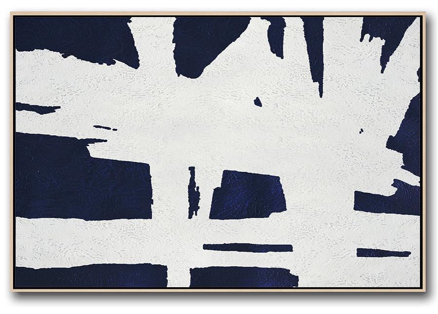 Horizontal Abstract Painting Navy Blue Minimalist Painting On Canvas - Stretched Canvas Wall Art Large